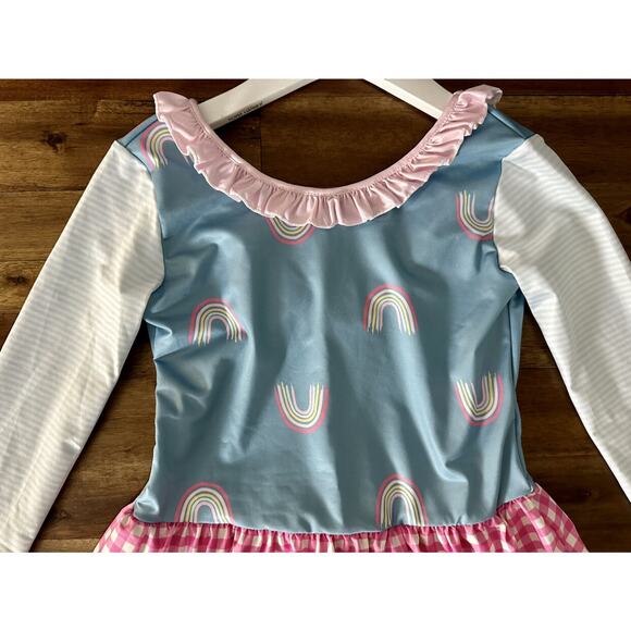 NWT SweetHoney Skirted Leotard Dusty Blue Rainbows Pink Gingham Long Sleeve 12 - Picture 3 of 6